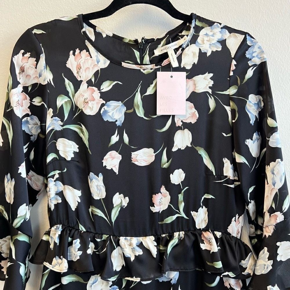 NWT Avec Les Filles Black Floral Print Ruffle A Line Mini Dress Size 6 - Picture 3 of 13